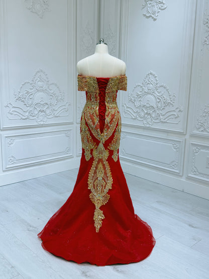 TBC-2IN1-037 Custom-made luxury beading red and gold princess ballgown royal wedding dress with detachable skirt