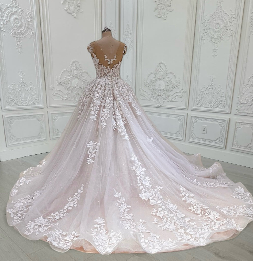 TBC-CM15 Custom-made blush color cap sleeve floral embroidered Aline/ballgown fairy wedding dress