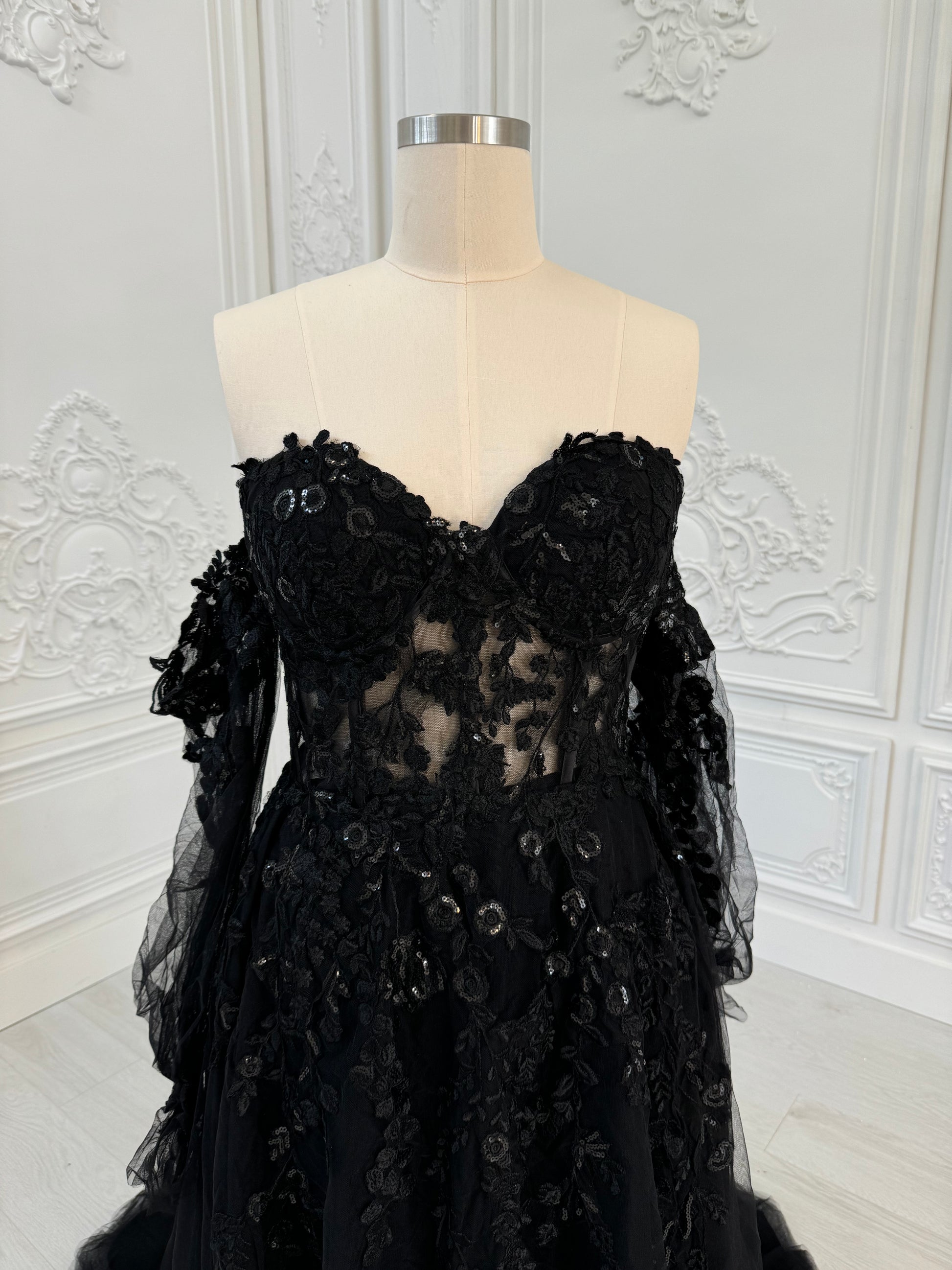 TBC-CM003  Custom-made black off the shoulder lace embroidered Aline wedding dress - Ting's Bridal Collection