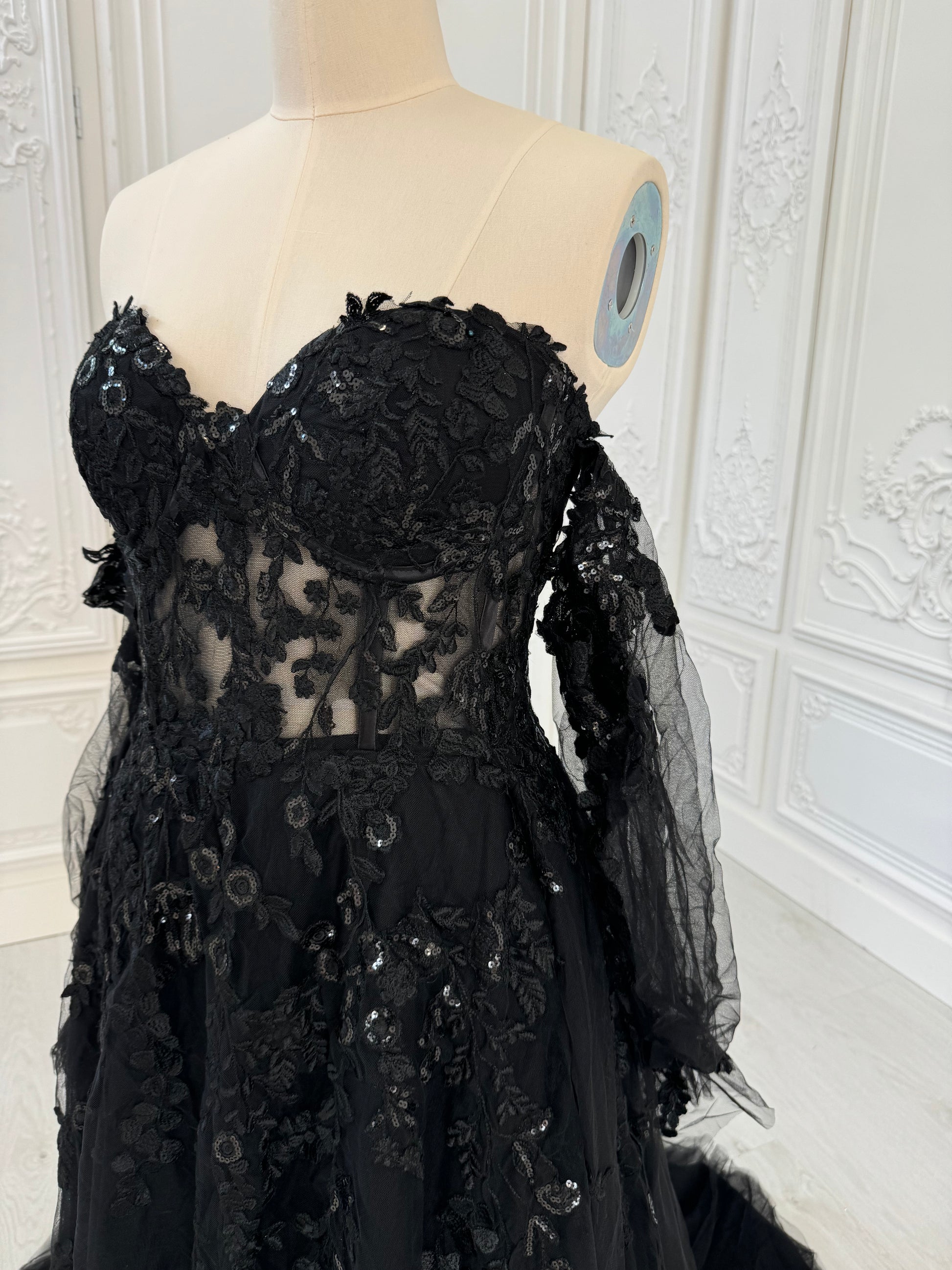 TBC-CM003  Custom-made black off the shoulder lace embroidered Aline wedding dress - Ting's Bridal Collection