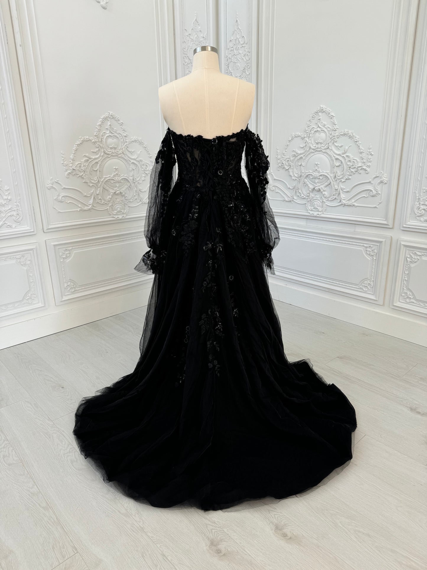 TBC-CM003  Custom-made black off the shoulder lace embroidered Aline wedding dress - Ting's Bridal Collection