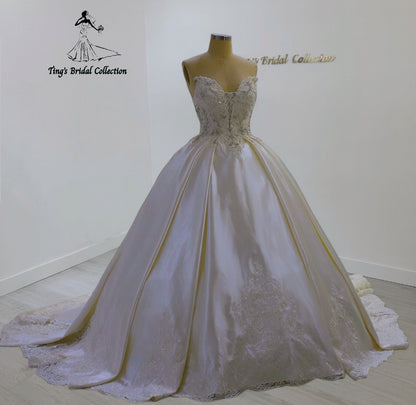TBC-CM25 Made to order Ivory color beading with lace embroidered strapless satin ballgown wedding dress