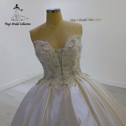 TBC-CM25 Made to order Ivory color beading with lace embroidered strapless satin ballgown wedding dress