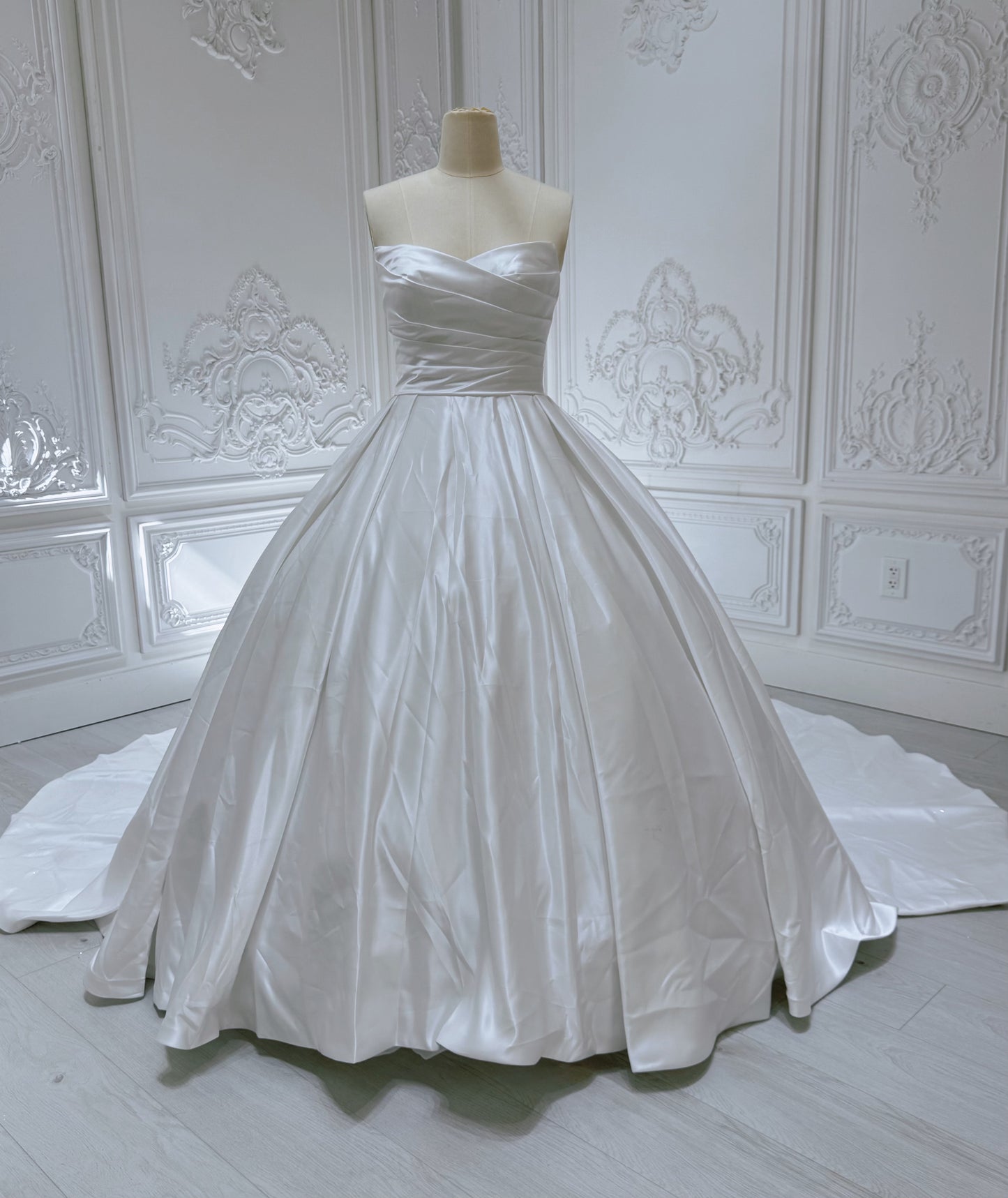 Stock Clearance! Bridal Size 12! Custom-made white strapless pleated classic satin Aline wedding dress