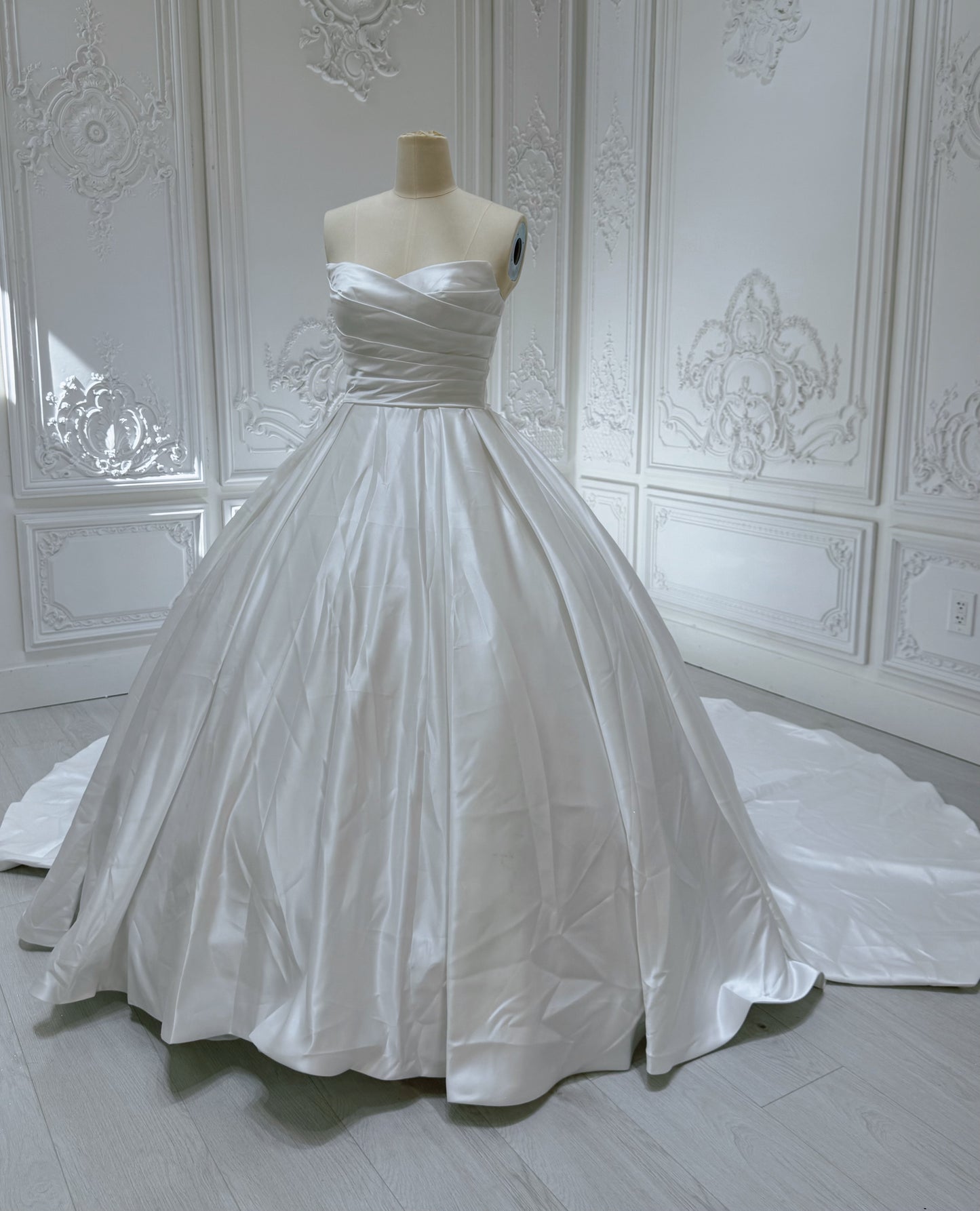 Stock Clearance! Bridal Size 12! Custom-made white strapless pleated classic satin Aline wedding dress