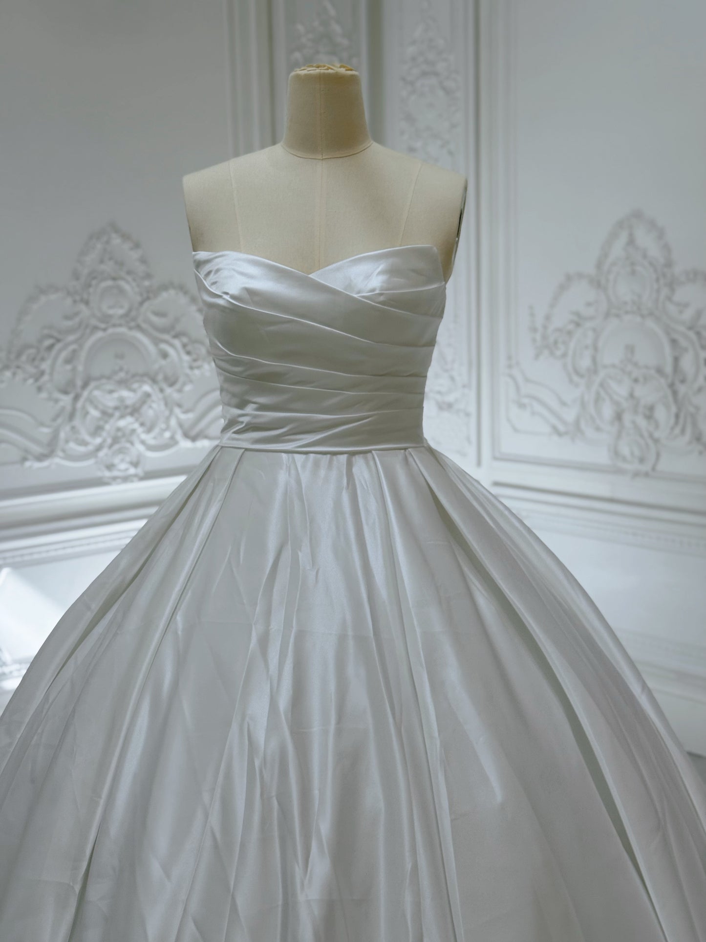Stock Clearance! Bridal Size 12! Custom-made white strapless pleated classic satin Aline wedding dress