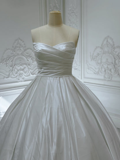 Stock Clearance! Bridal Size 12! Custom-made white strapless pleated classic satin Aline wedding dress