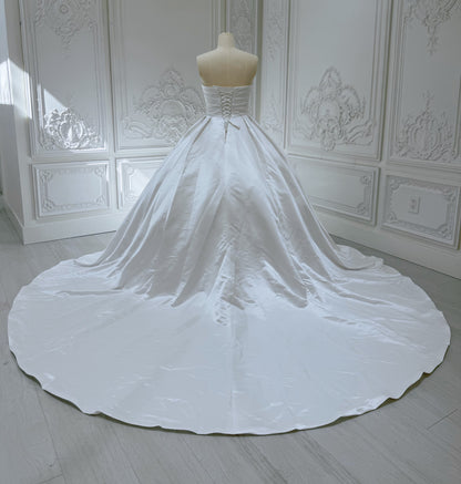 Stock Clearance! Bridal Size 12! Custom-made white strapless pleated classic satin Aline wedding dress