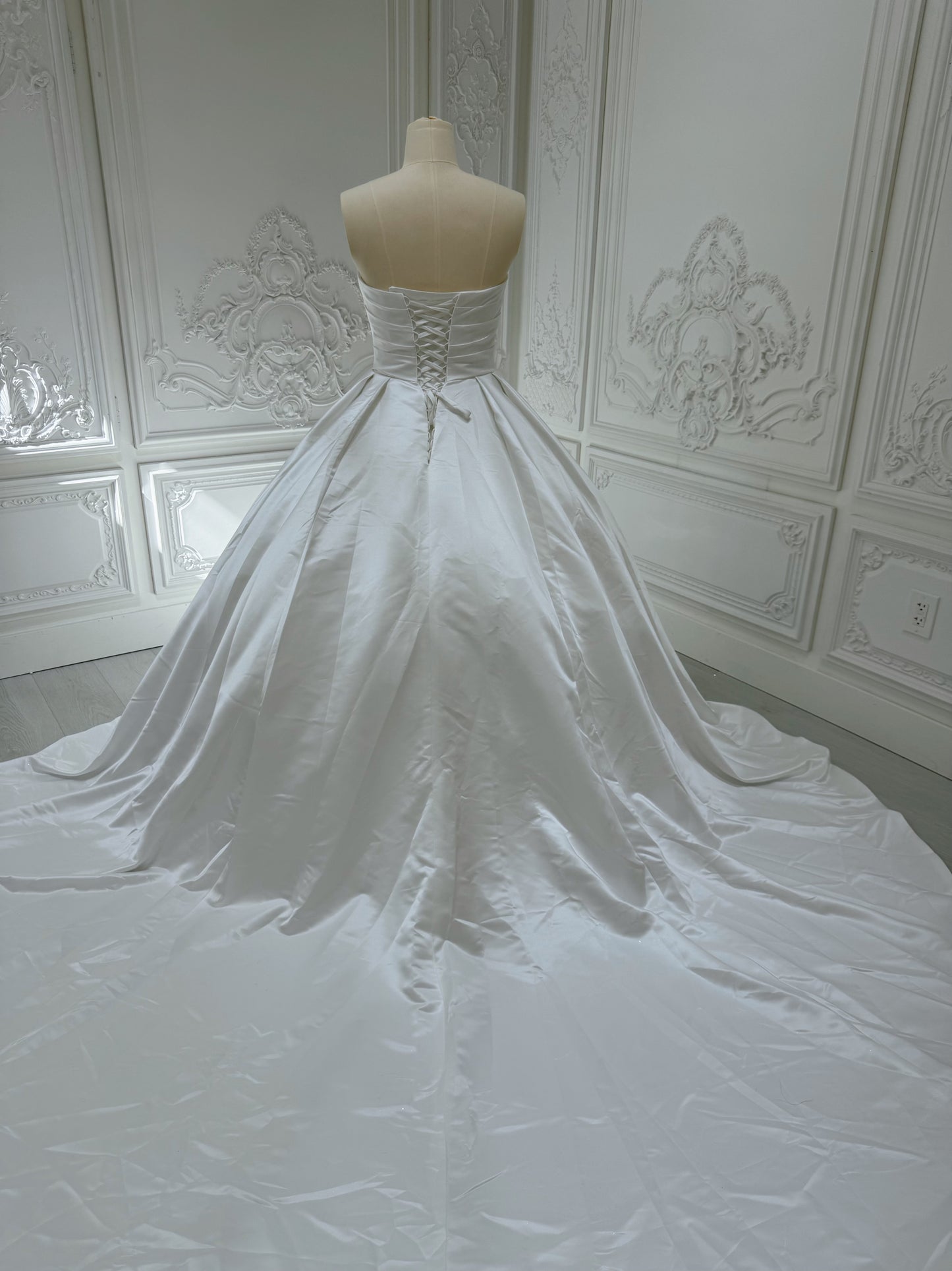 Stock Clearance! Bridal Size 12! Custom-made white strapless pleated classic satin Aline wedding dress