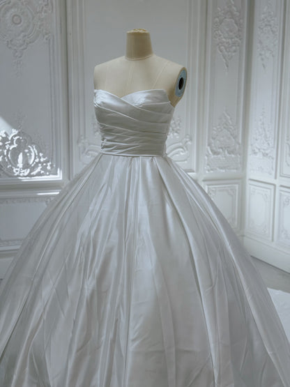 Stock Clearance! Bridal Size 12! Custom-made white strapless pleated classic satin Aline wedding dress