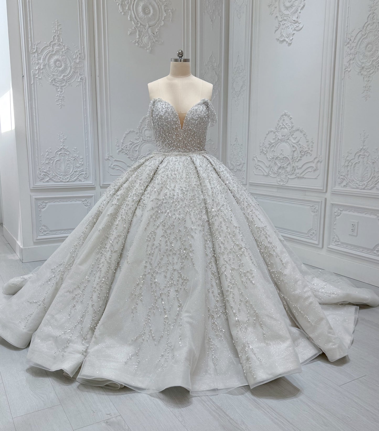 TBC-2IN1-008 Stock of pearl with beading lace off the shoulder 2 in 1 ballgown/mermaid wedding dress with detachable full skirt