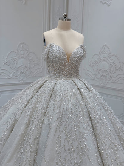 TBC-2IN1-008 Stock of pearl with beading lace off the shoulder 2 in 1 ballgown/mermaid wedding dress with detachable full skirt