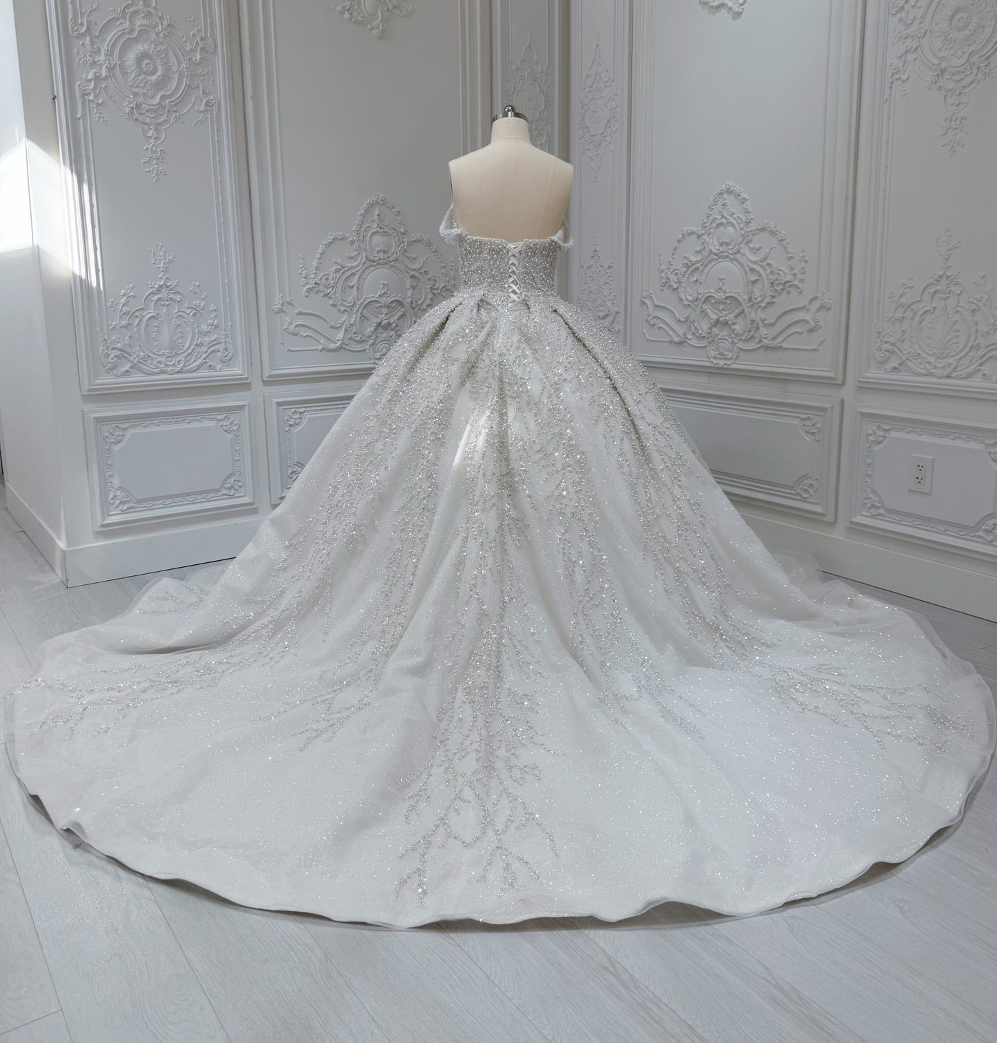 TBC-2IN1-008 Stock of pearl with beading lace off the shoulder 2 in 1 ballgown/mermaid wedding dress with detachable full skirt