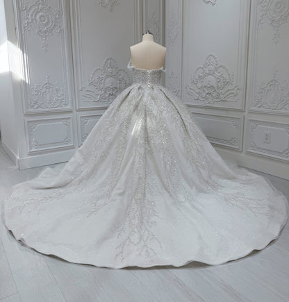 TBC-2IN1-008 Stock of pearl with beading lace off the shoulder 2 in 1 ballgown/mermaid wedding dress with detachable full skirt