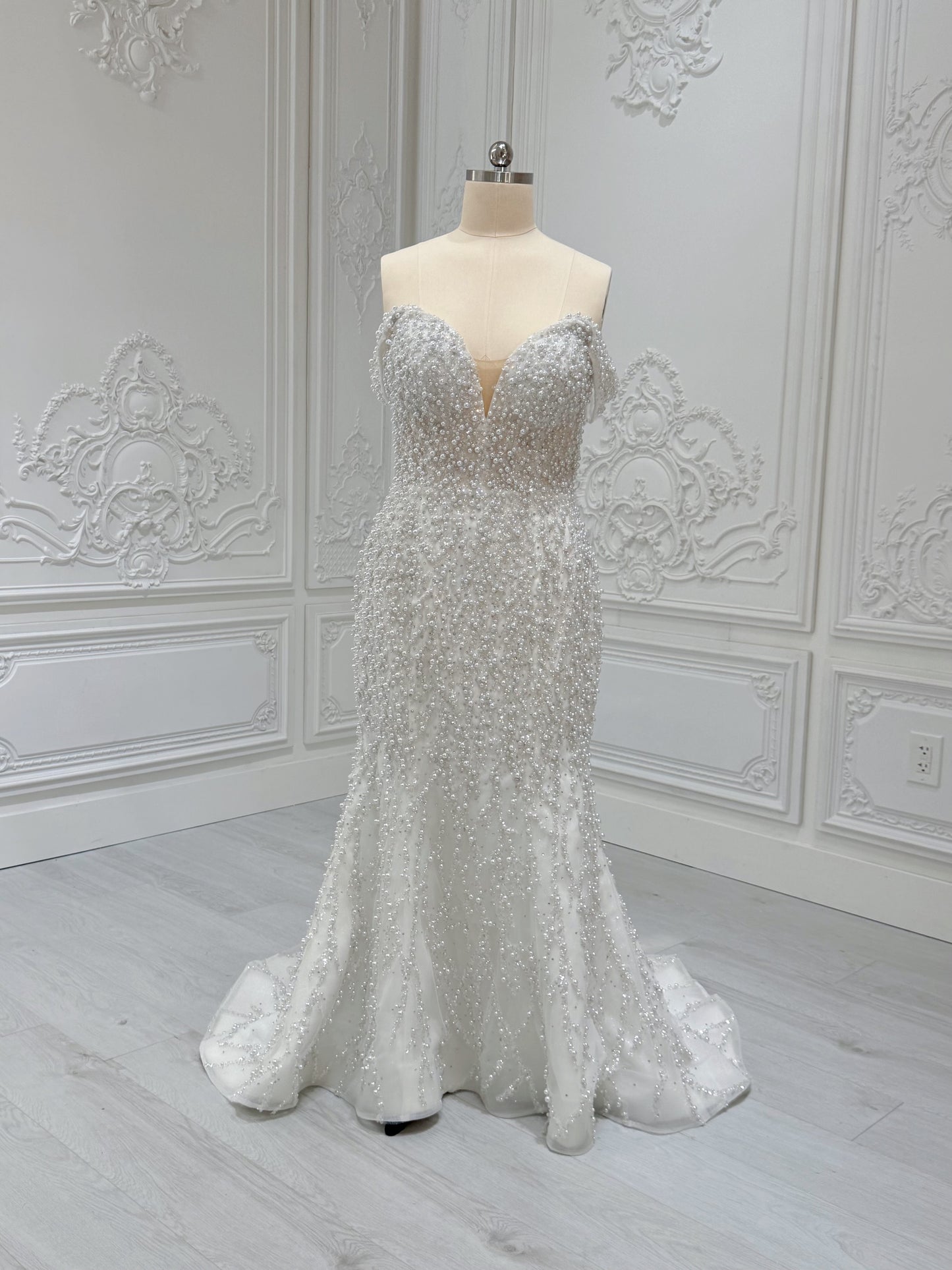 TBC-2IN1-008 Stock of pearl with beading lace off the shoulder 2 in 1 ballgown/mermaid wedding dress with detachable full skirt