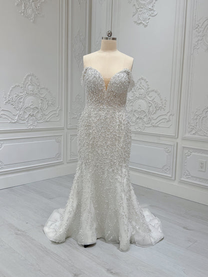TBC-2IN1-008 Stock of pearl with beading lace off the shoulder 2 in 1 ballgown/mermaid wedding dress with detachable full skirt