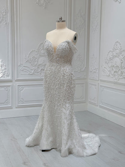 TBC-2IN1-008 Stock of pearl with beading lace off the shoulder 2 in 1 ballgown/mermaid wedding dress with detachable full skirt