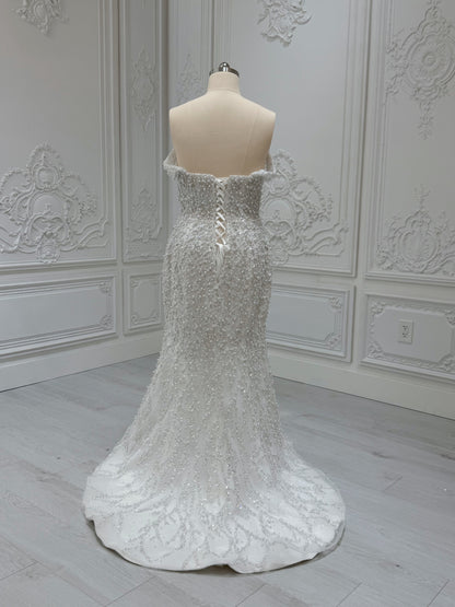 TBC-2IN1-008 Stock of pearl with beading lace off the shoulder 2 in 1 ballgown/mermaid wedding dress with detachable full skirt