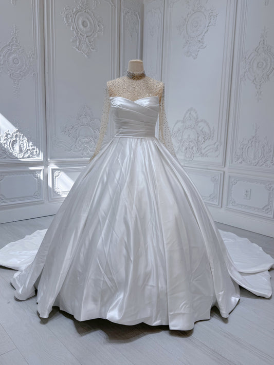 Stcok Clearance! Bridal Size 12! White pleated satin Aline wedding dress with detachable high neck andlong sleevebeading top piece