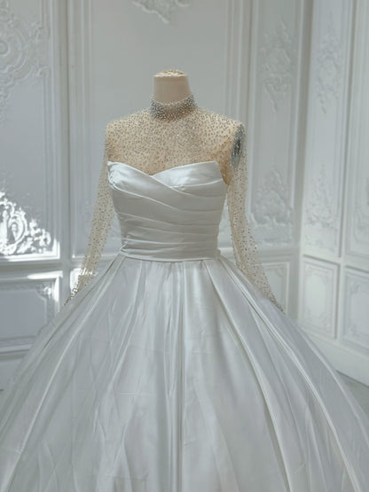 Stcok Clearance! Bridal Size 12! White pleated satin Aline wedding dress with detachable high neck andlong sleevebeading top piece