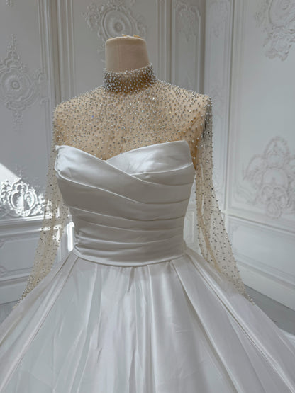 Stcok Clearance! Bridal Size 12! White pleated satin Aline wedding dress with detachable high neck andlong sleevebeading top piece