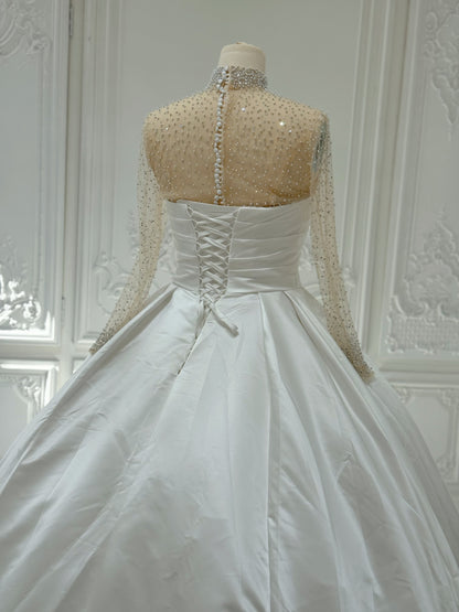 Stcok Clearance! Bridal Size 12! White pleated satin Aline wedding dress with detachable high neck andlong sleevebeading top piece