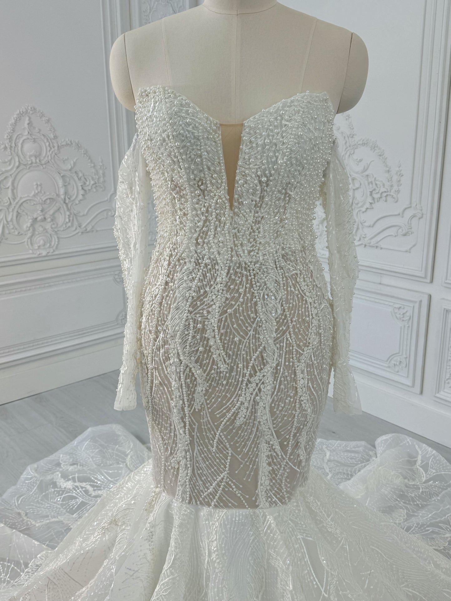 TBC-A007 Ivory pearl beading lace embroidered mermaid wedding dress