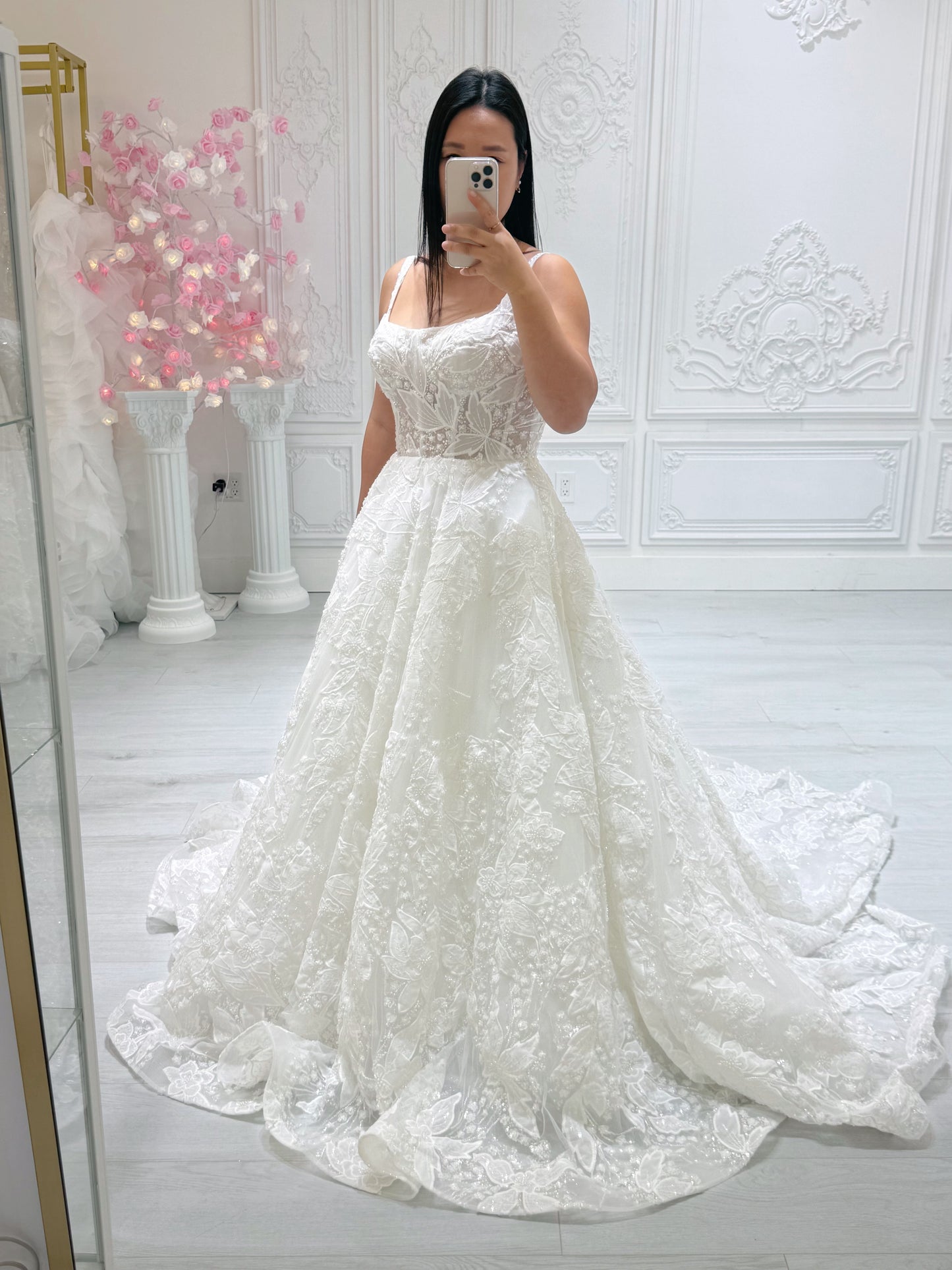Stock Sale! Custom-made luxury 3D beading floral lace with straight neckline Aline wedding dress - Ting's Bridal Collection