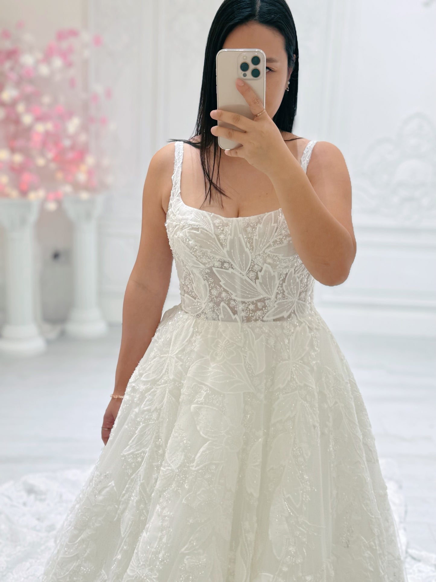 Stock Sale! Custom-made luxury 3D beading floral lace with straight neckline Aline wedding dress - Ting's Bridal Collection