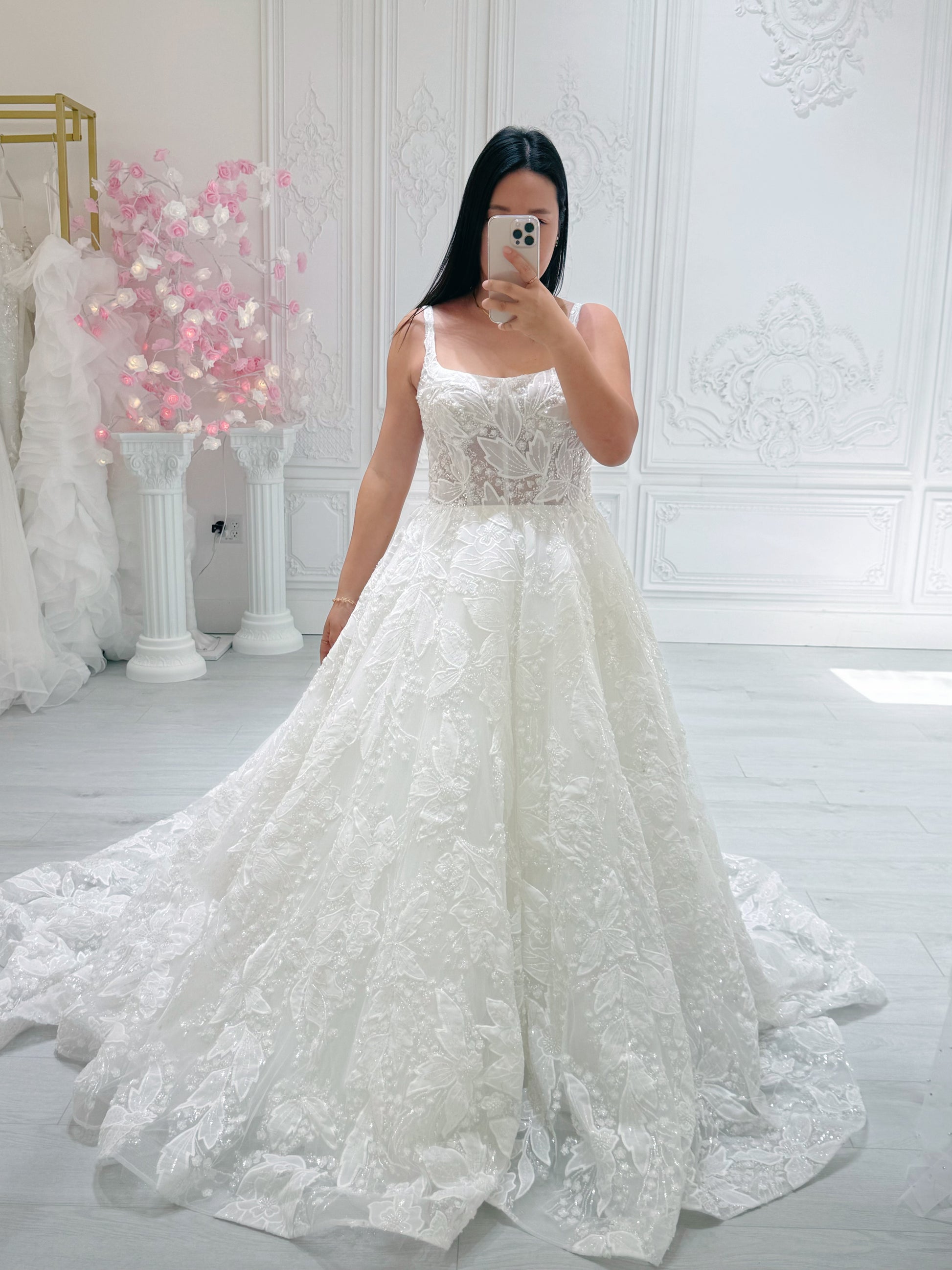 Stock Sale! Custom-made luxury 3D beading floral lace with straight neckline Aline wedding dress - Ting's Bridal Collection
