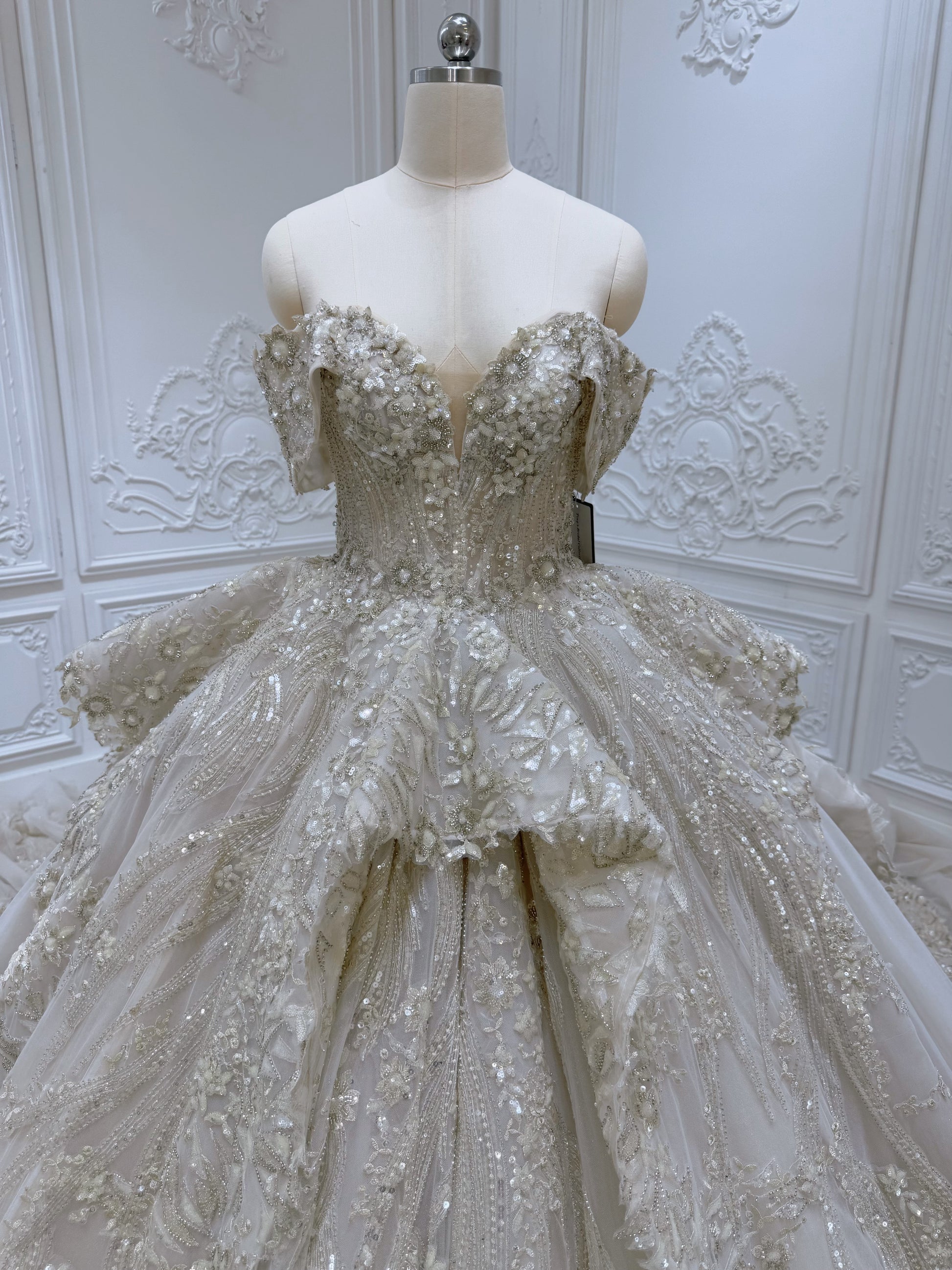 Stock clearance 50% off Floor sample! Custom-made luxury beading champagne color off the shoulder princess ballgown royal wedding dress - Ting's Bridal Collection