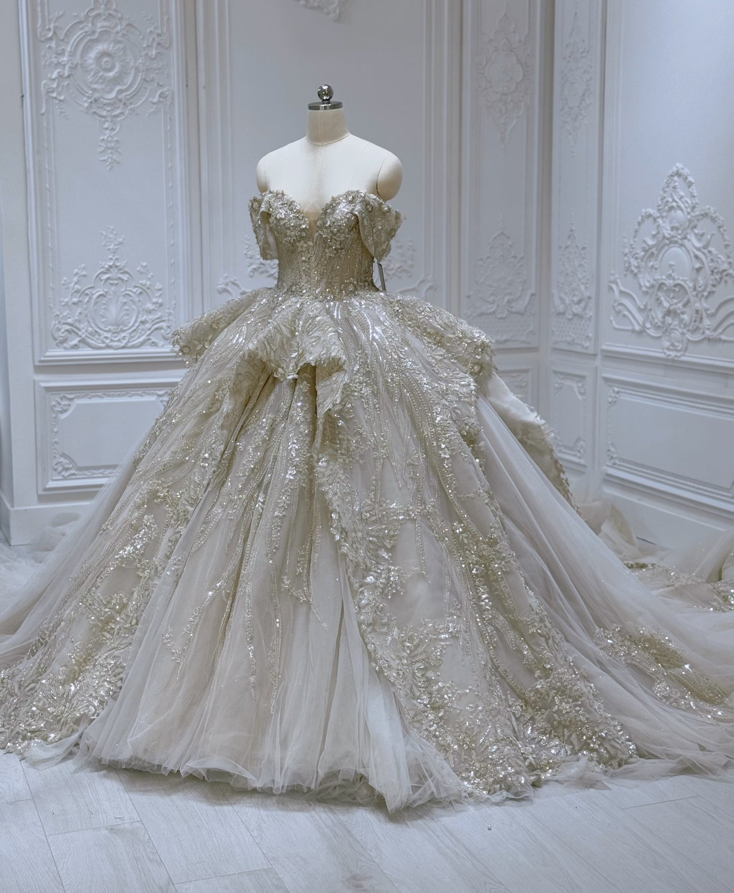 Stock clearance 50% off Floor sample! Custom-made luxury beading champagne color off the shoulder princess ballgown royal wedding dress - Ting's Bridal Collection