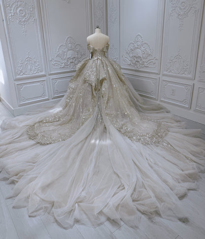 Stock clearance 50% off Floor sample! Custom-made luxury beading champagne color off the shoulder princess ballgown royal wedding dress - Ting's Bridal Collection