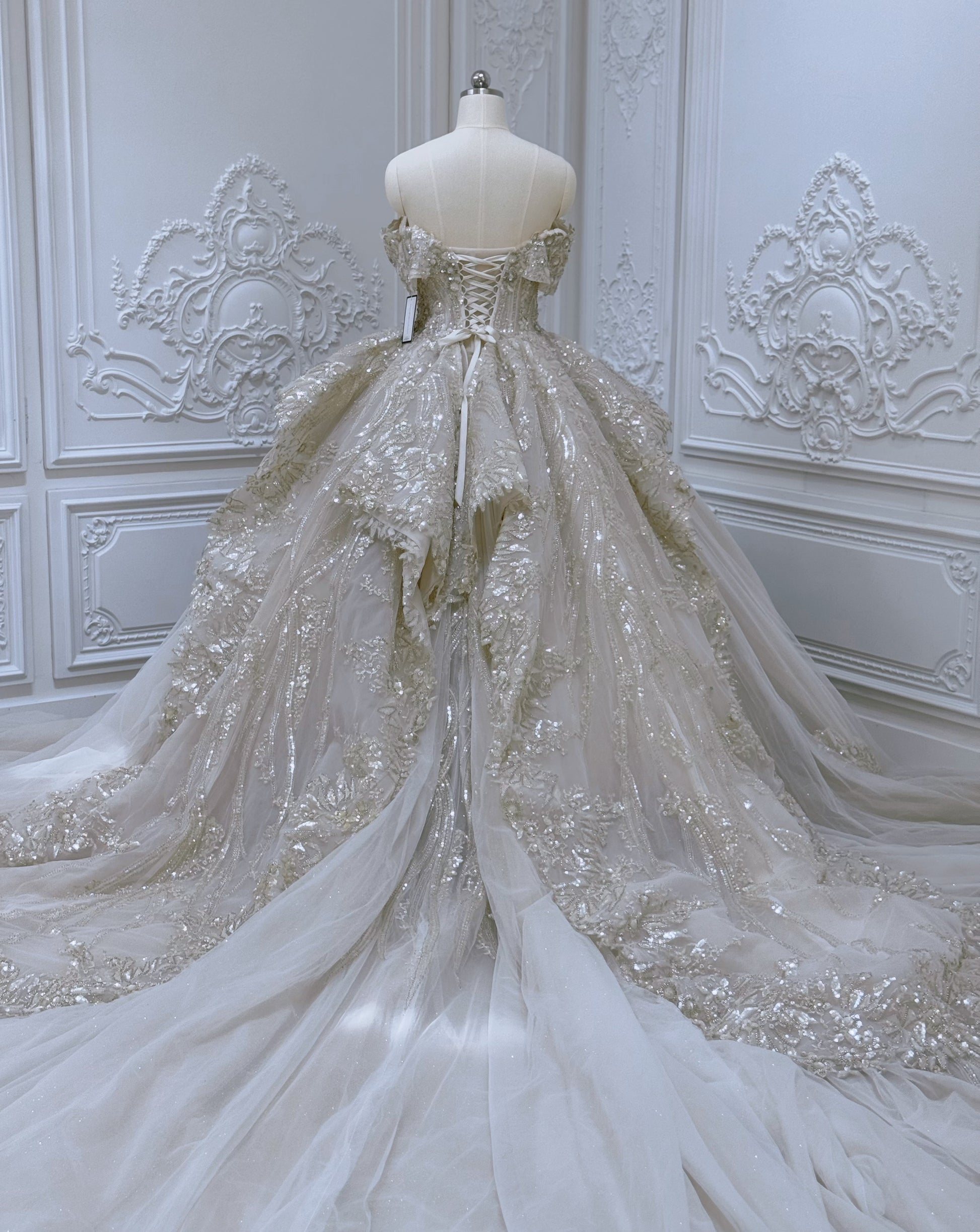 Stock clearance 50% off Floor sample! Custom-made luxury beading champagne color off the shoulder princess ballgown royal wedding dress - Ting's Bridal Collection