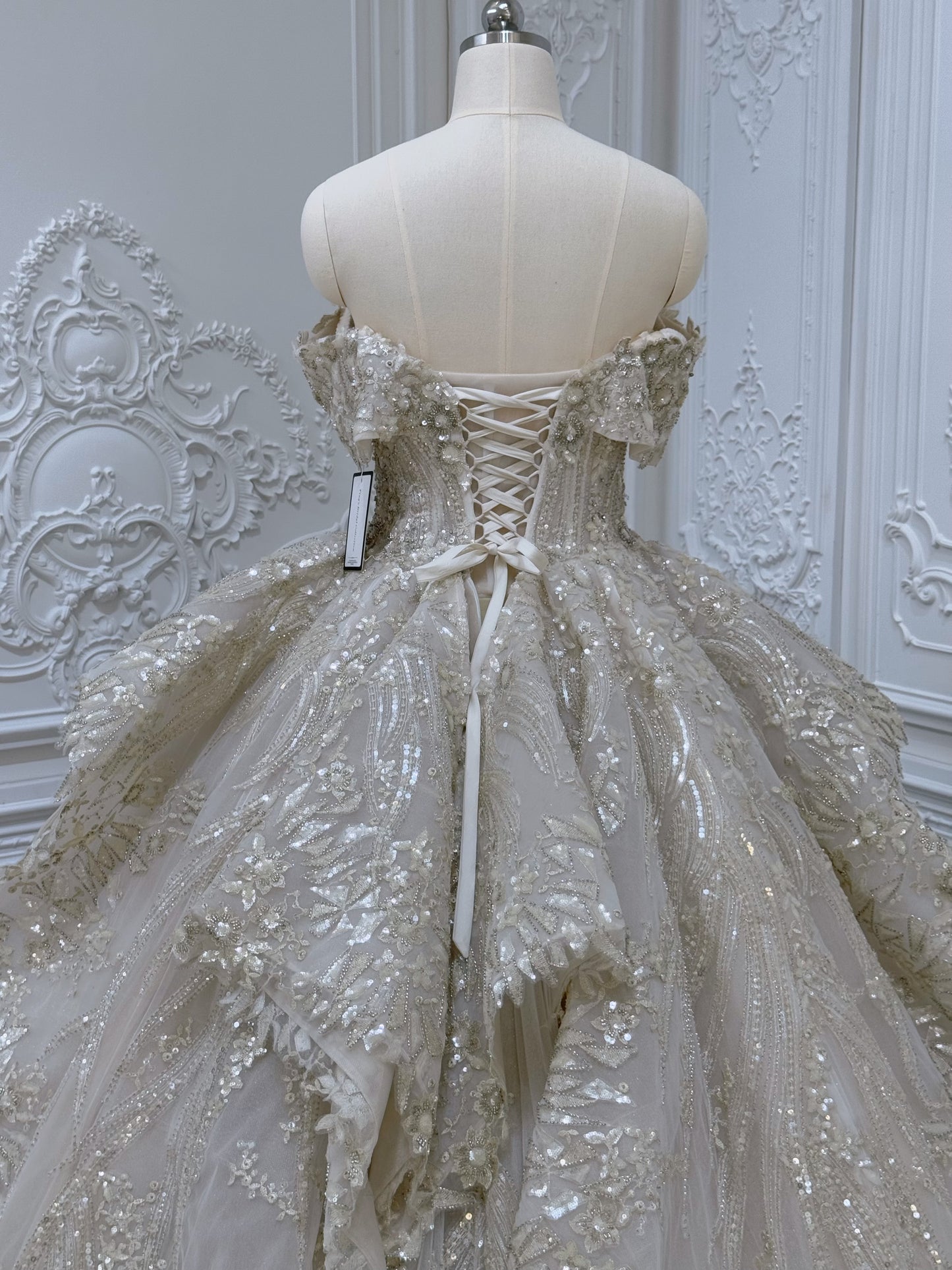 Stock clearance 50% off Floor sample! Custom-made luxury beading champagne color off the shoulder princess ballgown royal wedding dress - Ting's Bridal Collection