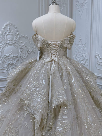 Stock clearance 50% off Floor sample! Custom-made luxury beading champagne color off the shoulder princess ballgown royal wedding dress - Ting's Bridal Collection