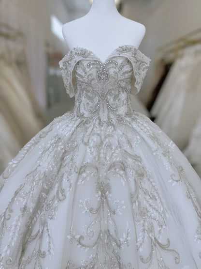 TBC-CM013 Made to order beading 3D lace embroidered off the shoulder princess ballgown fairy wedding dress