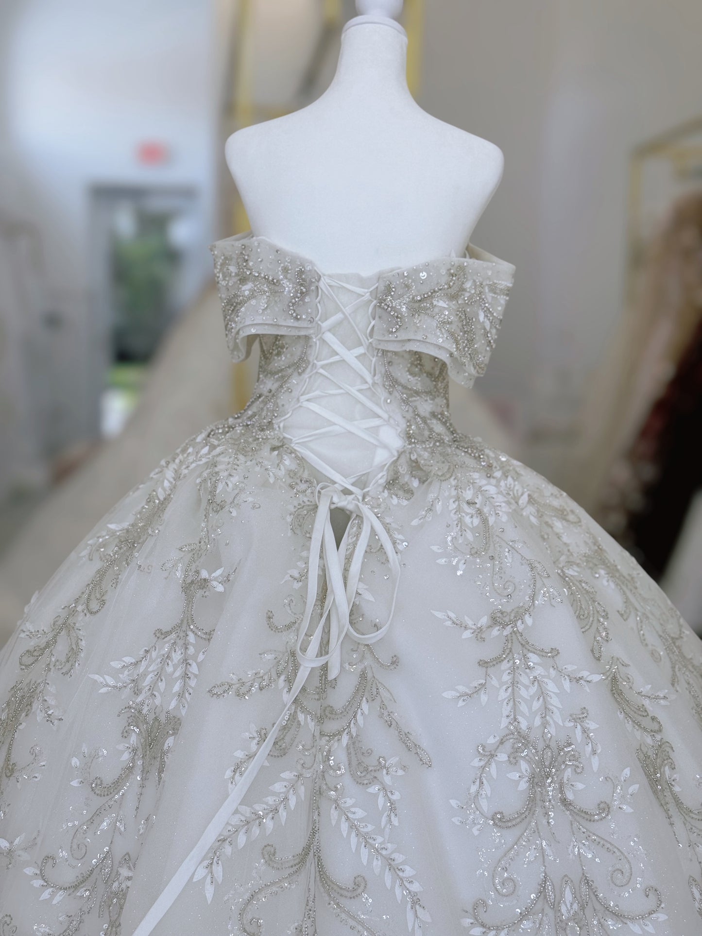 TBC-CM013 Made to order beading 3D lace embroidered off the shoulder princess ballgown fairy wedding dress