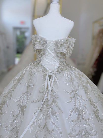 TBC-CM013 Made to order beading 3D lace embroidered off the shoulder princess ballgown fairy wedding dress