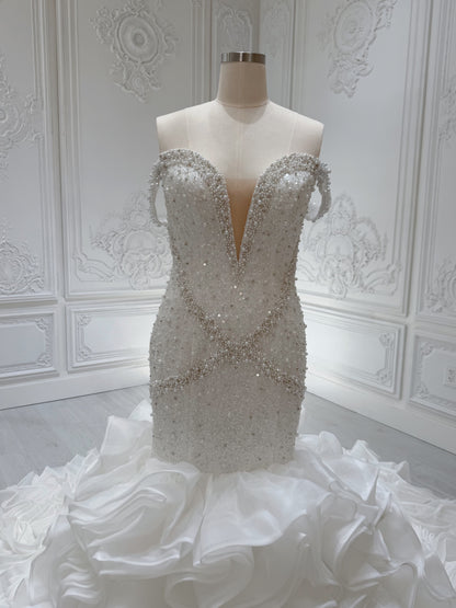 Stock Clearance Bridal size 14! Pearl with beading lace off the shoulder mermaid wedding dress with ruffled skirt