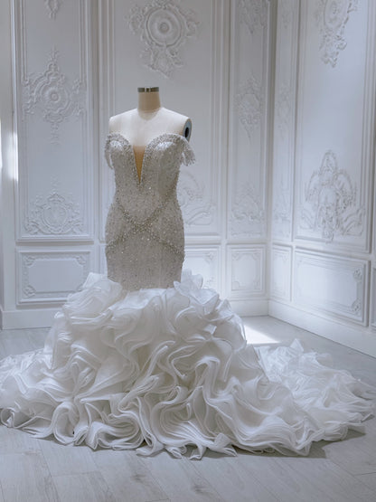 Stock Clearance Bridal size 14! Pearl with beading lace off the shoulder mermaid wedding dress with ruffled skirt