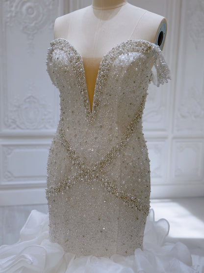 Stock Clearance Bridal size 14! Pearl with beading lace off the shoulder mermaid wedding dress with ruffled skirt