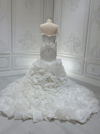 Stock Clearance Bridal size 14! Pearl with beading lace off the shoulder mermaid wedding dress with ruffled skirt
