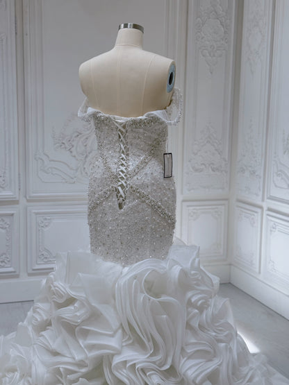 Stock Clearance Bridal size 14! Pearl with beading lace off the shoulder mermaid wedding dress with ruffled skirt