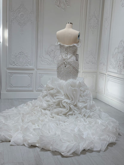 Stock Clearance Bridal size 14! Pearl with beading lace off the shoulder mermaid wedding dress with ruffled skirt