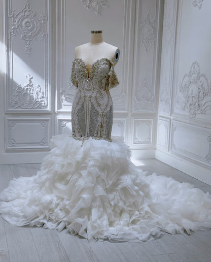 Stock Clearance! Custom-made crystal beaded off the shoulder 2 in 1 look split skirt champagne mermaid wedding dress with detachable ruffles skirt - Ting's Bridal Collection