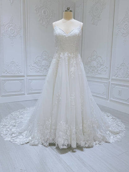 Stock Clearance! Custom-made white spaghettini strap V-Neck lace embroidered Aline floral wedding dress - Ting's Bridal Collection