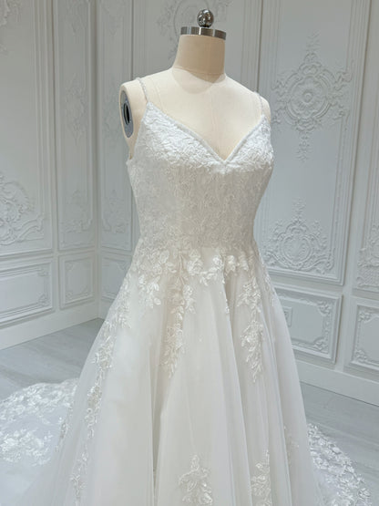 Stock Clearance! Custom-made white spaghettini strap V-Neck lace embroidered Aline floral wedding dress - Ting's Bridal Collection