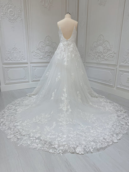 Stock Clearance! Custom-made white spaghettini strap V-Neck lace embroidered Aline floral wedding dress - Ting's Bridal Collection