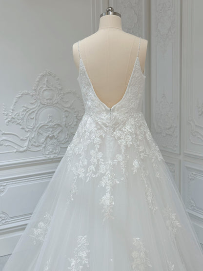 Stock Clearance! Custom-made white spaghettini strap V-Neck lace embroidered Aline floral wedding dress - Ting's Bridal Collection